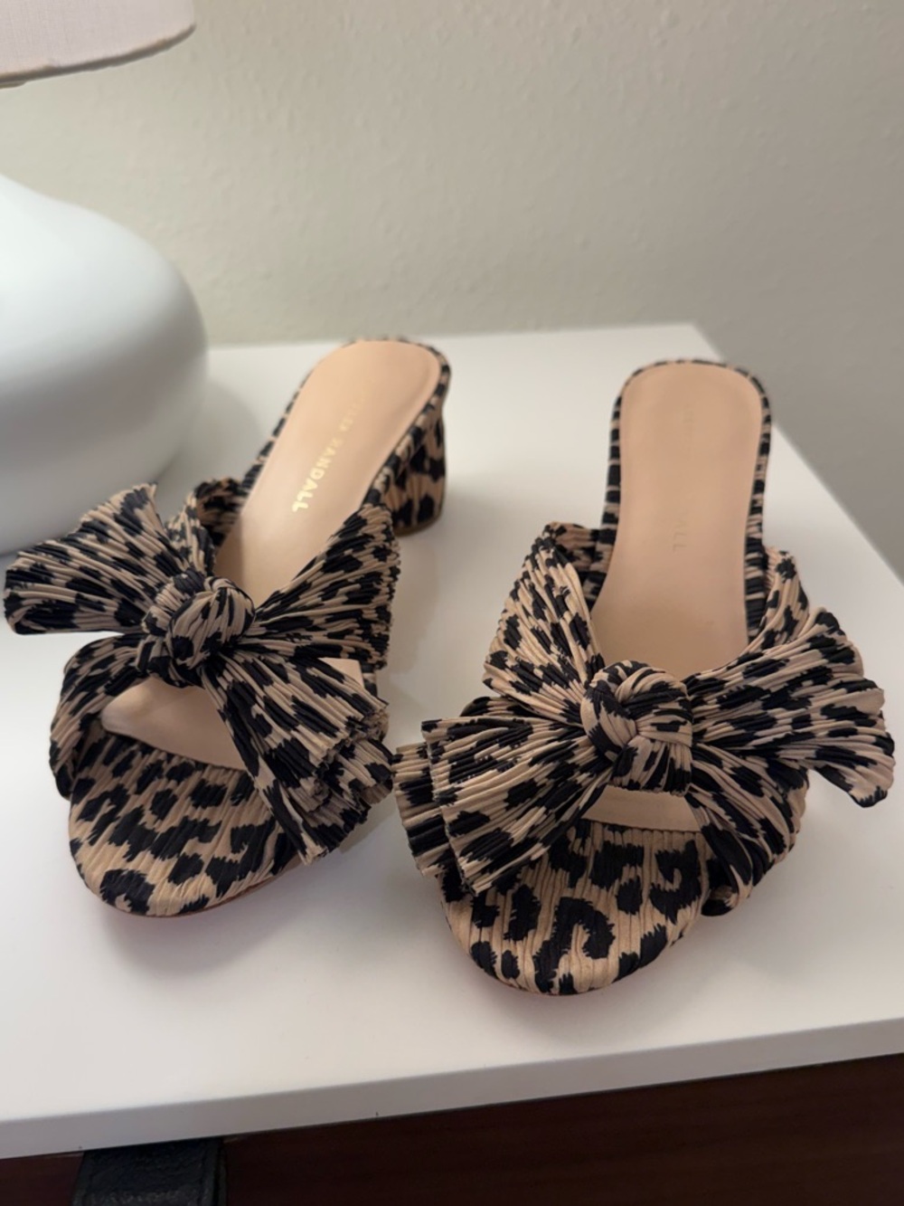 Loeffler Randall Beige and Black Leopard Bow Slide Heels - Women's